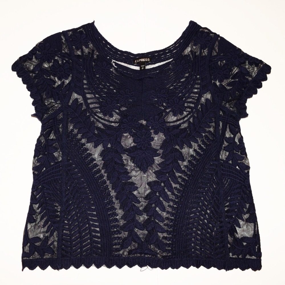 Sheer Navy Blue Express Top with Scalloped Ends